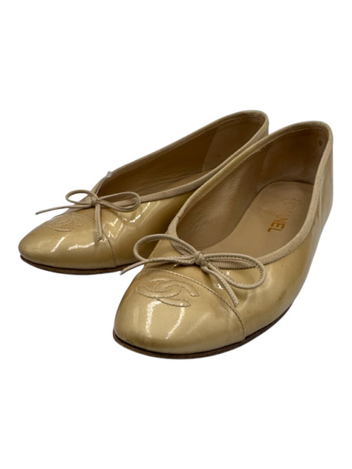 Chanel Shoe Size 39 Gold Patent Leather Bow detail Logo Cap Toe Flats Gold / 39