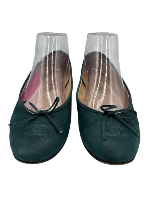 Chanel Shoe Size 39 Green Leather Bow detail Logo Shimmer Nubuck Flats Green / 39