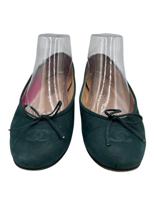 Chanel Shoe Size 39 Green Leather Bow detail Logo Shimmer Nubuck Flats Green / 39