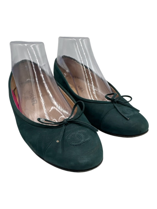 Chanel Shoe Size 39 Green Leather Bow detail Logo Shimmer Nubuck Flats Green / 39