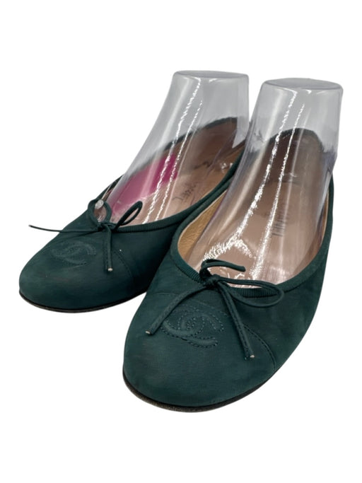 Chanel Shoe Size 39 Green Leather Bow detail Logo Shimmer Nubuck Flats Green / 39