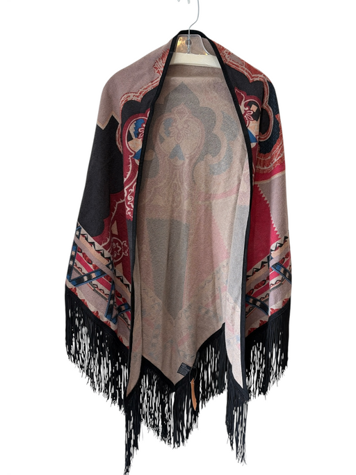 Etro Red, Orange, Brown Cashmere Leather Fringe Paisley Shawl Cape Poncho Red, Orange, Brown / One Size