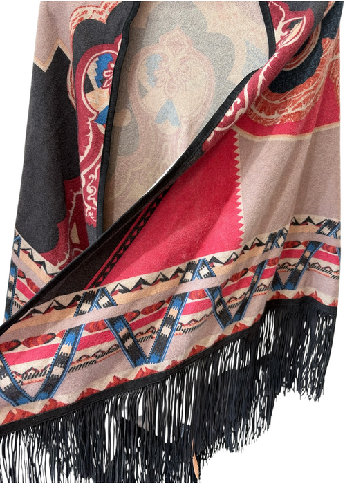 Etro Red, Orange, Brown Cashmere Leather Fringe Paisley Shawl Cape Poncho Red, Orange, Brown / One Size
