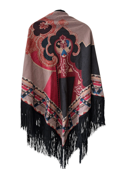Etro Red, Orange, Brown Cashmere Leather Fringe Paisley Shawl Cape Poncho Red, Orange, Brown / One Size