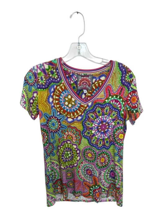 Johnny Was Size XS Green Blue & Multi Rayon Blend Abstract Short Sleeve Top Green Blue & Multi / XS