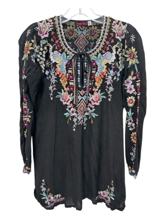 Johnny Was Size XXS Black & Multi Rayon Long Sleeve Floral Embroidery V Neck Top Black & Multi / XXS