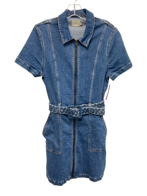 Alice + Olivia Jeans Size 8 Medium Wash Cotton Blend Zip Short Sleeve Dress Medium Wash / 8