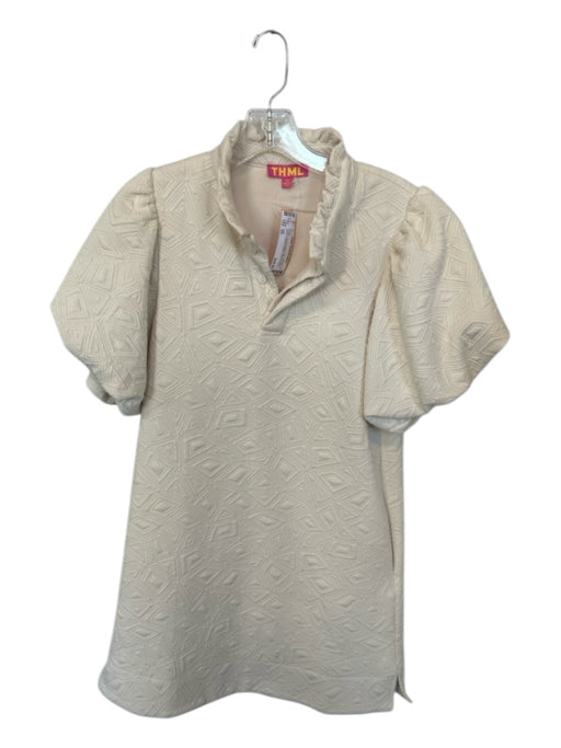 THML Size XS Cream Polyester Blend jaquard Short Balloon Sleeve Buttons Dress Cream / XS