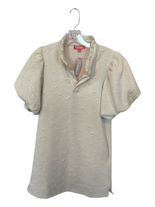 THML Size XS Cream Polyester Blend jaquard Short Balloon Sleeve Buttons Dress Cream / XS