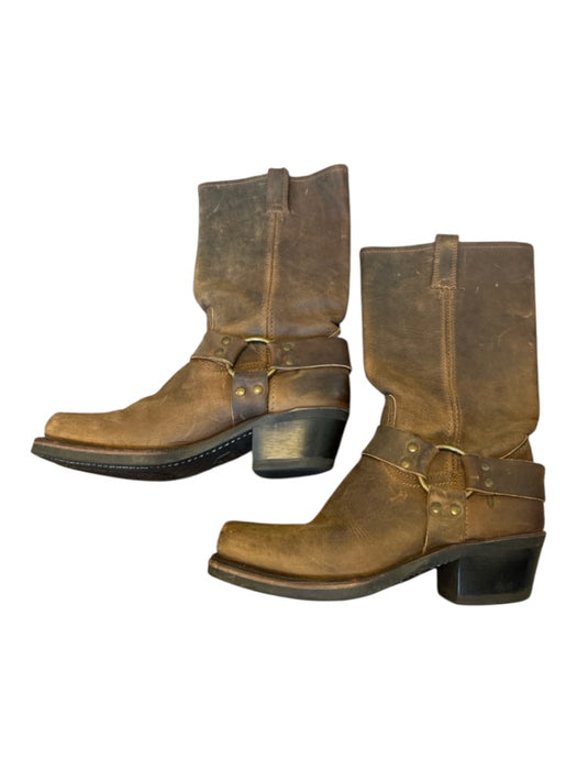 Frye Shoe Size 7.5 Brown Leather Brass Hardware Block Heel Below Knee Boots Brown / 7.5