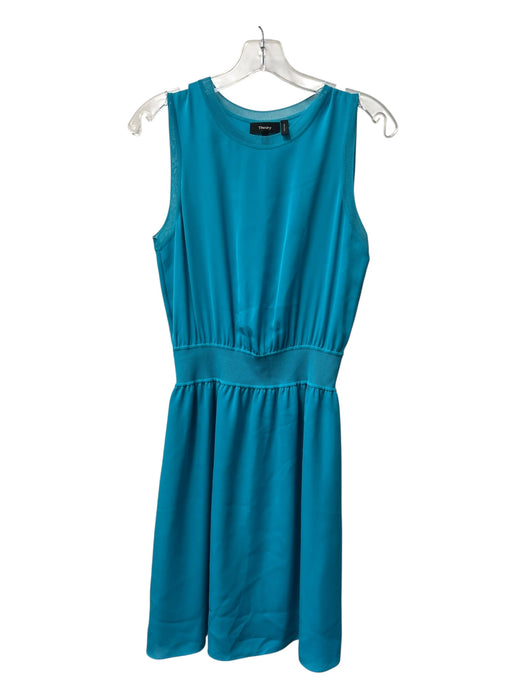 Theory Size S Teal Silk Round Neck Sleeveless Elastic Waist Ribbed Detail Dress Teal / S