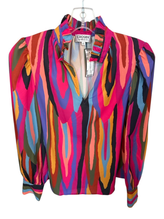 Crosby Size XS Multi Polyester Long Sleeve Abstract Ruffle collar V Neck Top Multi / XS