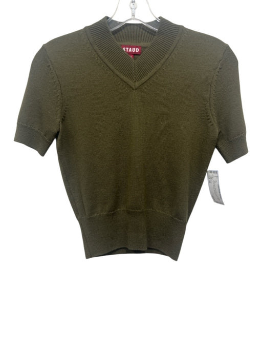 Staud Size XS Olive Green Wool Knit V Neck Short Sleeve Sweater Top Olive Green / XS