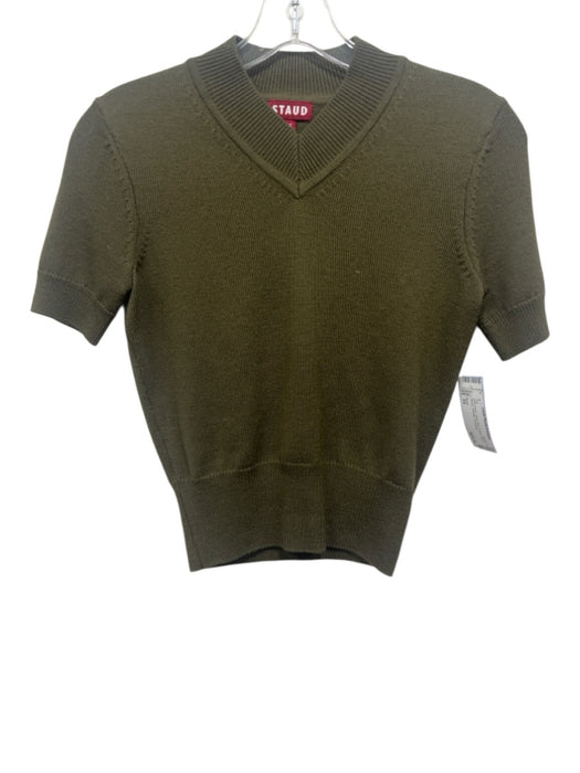 Staud Size XS Olive Green Wool Knit V Neck Short Sleeve Sweater Top Olive Green / XS