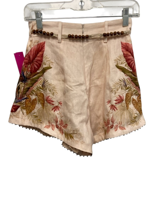 Zimmermann Size 0P Light Pink & Brown Linen Botanical Print Tie Waist Shorts Light Pink & Brown / 0P