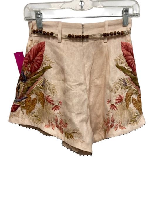 Zimmermann Size 0P Light Pink & Brown Linen Botanical Print Tie Waist Shorts Light Pink & Brown / 0P