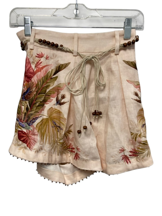 Zimmermann Size 0P Light Pink & Brown Linen Botanical Print Tie Waist Shorts Light Pink & Brown / 0P