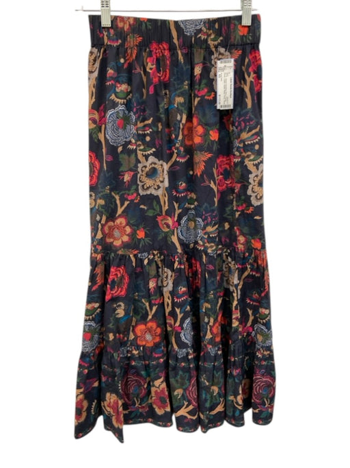 Cara Cara Size XS Navy, Orange, Green Cotton Elastic Waist Floral Tiered Skirt Navy, Orange, Green / XS