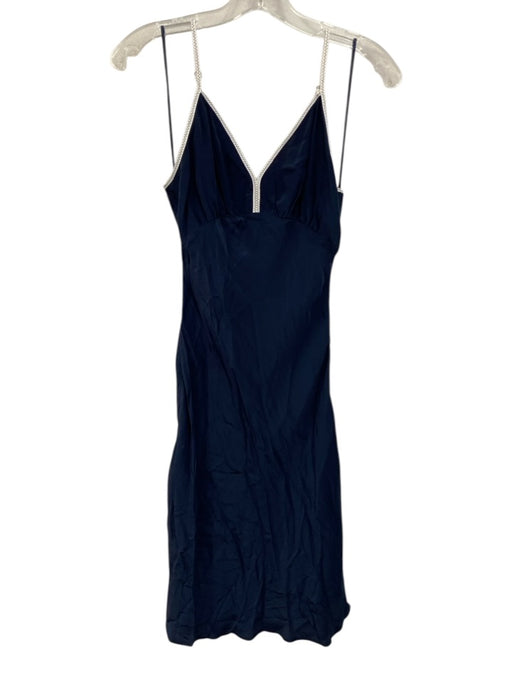 J Crew Size 0 Navy Blue & White Viscose Spaghetti Strap Stitch Detail Midi Dress Navy Blue & White / 0