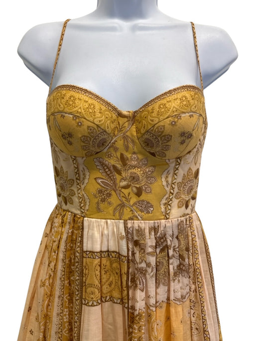 Zimmermann Size 0 Yellow & Brown Cotton Spaghetti Strap Floral Cupped Maxi Dress Yellow & Brown / 0