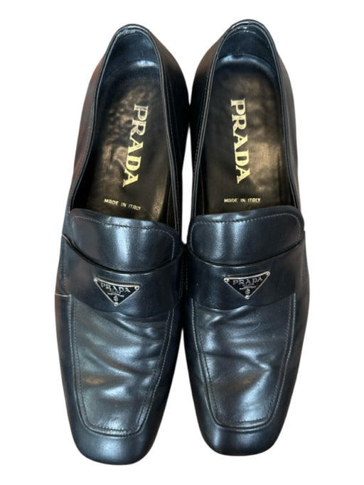 Prada Shoe Size 7 Black & Silver Leather logo Square Toe Men's Loafers 7