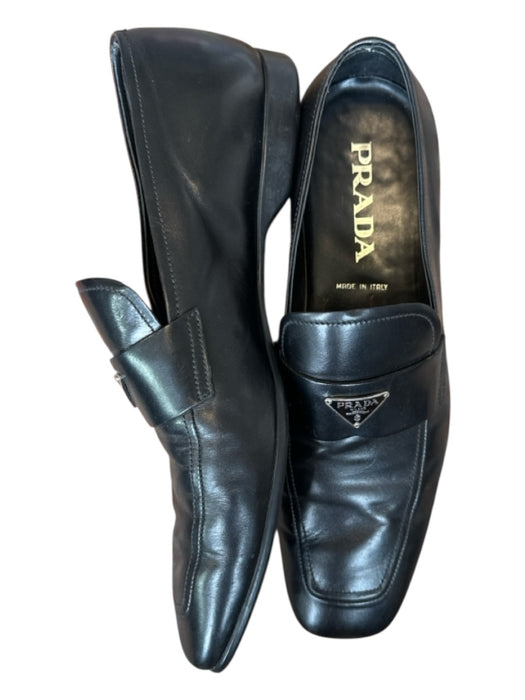 Prada Shoe Size 7 Black & Silver Leather logo Square Toe Men's Loafers 7