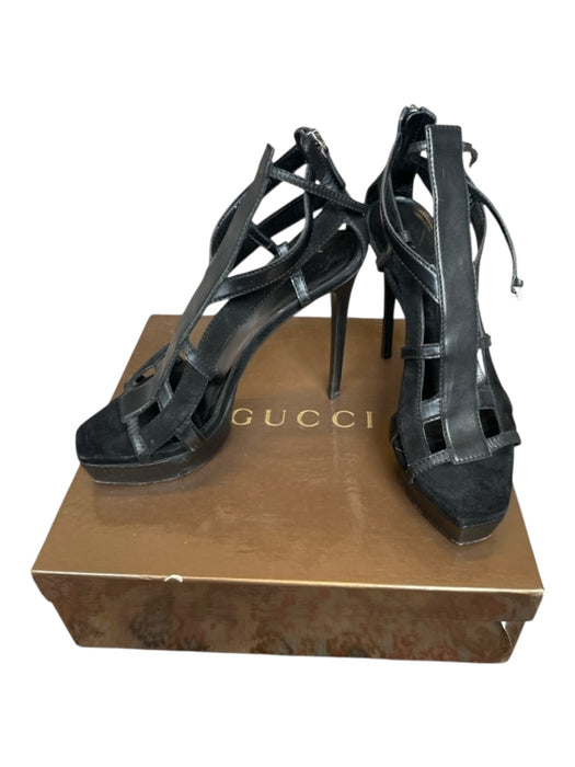 Gucci Shoe Size 39.5 Black Leather Stiletto Back Zip Platform Sandals Black / 39.5