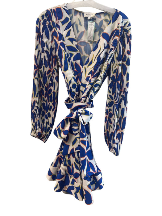 Milly Size 6 Blue Polyester Pleated V Neck Tie At Waist Long Sleeve Dress Blue / 6