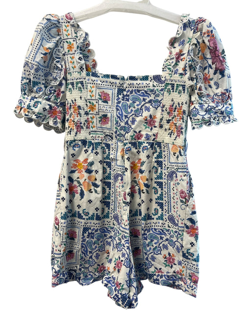 Farm Rio Size S White 100% Cotton Ruffled Puff Sleeves Cross Stitch Romper White / S