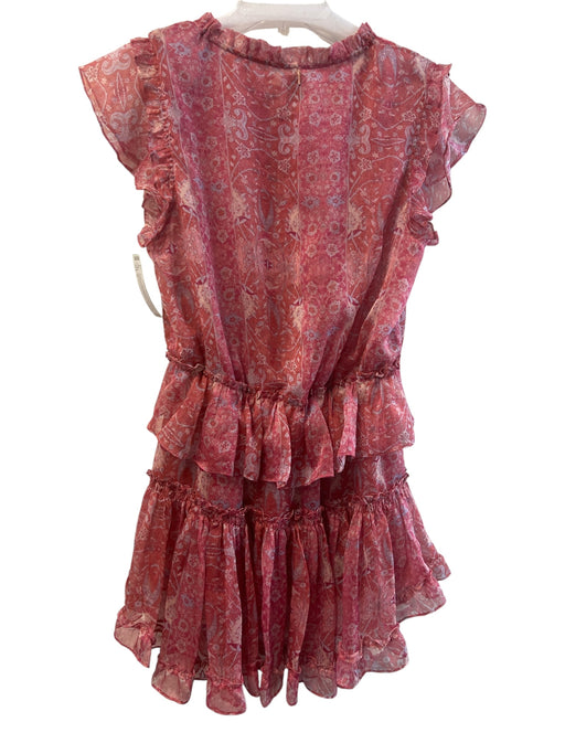 Misa Size M Red Polyester Split V Neck Pasley Cap Sleeve Ruffle Trim Dress Red / M