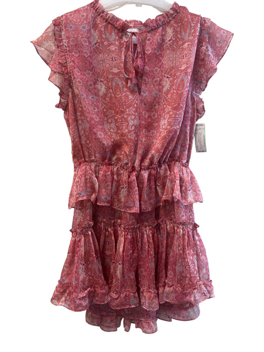 Misa Size M Red Polyester Split V Neck Pasley Cap Sleeve Ruffle Trim Dress Red / M