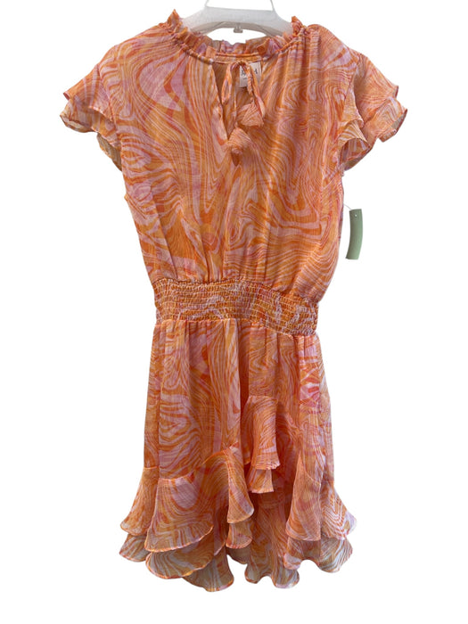 Misa Size M Orange Polyester Chiffon Swirl Ruffle Split V Neck Dress Orange / M