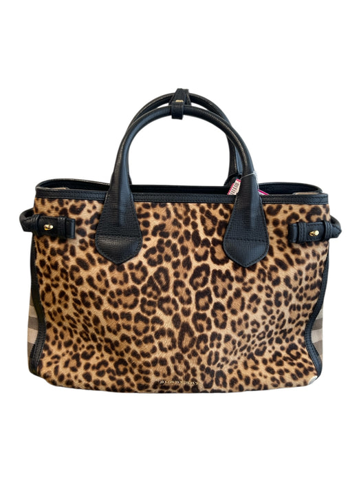 Burberry Black Brown Leather & Calf Fur Top Handle Leopard Print 3 Pocket Bag Black Brown / M