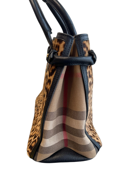 Burberry Black Brown Leather & Calf Fur Top Handle Leopard Print 3 Pocket Bag Black Brown / M