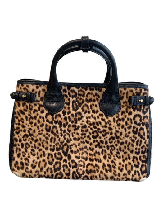 Burberry Black Brown Leather & Calf Fur Top Handle Leopard Print 3 Pocket Bag Black Brown / M