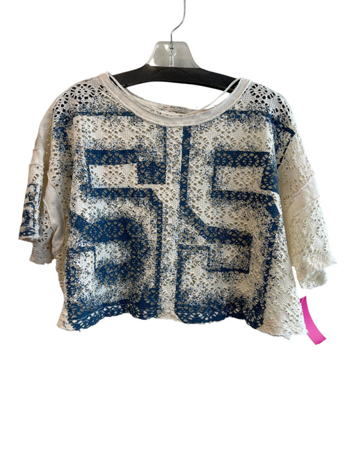 We The Free Size Medium Cream & Blue Cotton Short Sleeve Abstract Print Top Cream & Blue / Medium