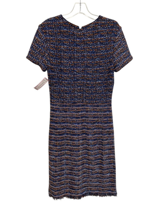 St. John Size 6 Blue, Orange, Gold Rayon & Wool Short Sleeve Knit Fringe Dress Blue, Orange, Gold / 6