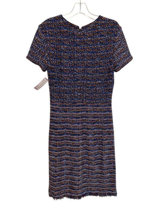 St. John Size 6 Blue, Orange, Gold Rayon & Wool Short Sleeve Knit Fringe Dress Blue, Orange, Gold / 6