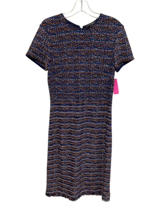 St. John Size 6 Blue, Orange, Gold Rayon & Wool Short Sleeve Knit Fringe Dress Blue, Orange, Gold / 6