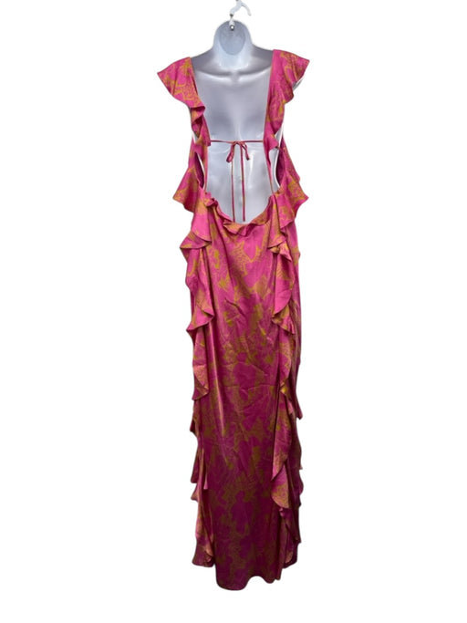 Tanya Taylor Size 6 Pink & Green Silk Ruffle Straps Abstract Print Ruffles Gown Pink & Green / 6