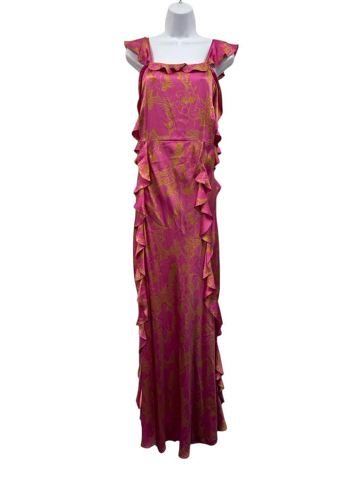 Tanya Taylor Size 6 Pink & Green Silk Ruffle Straps Abstract Print Ruffles Gown Pink & Green / 6