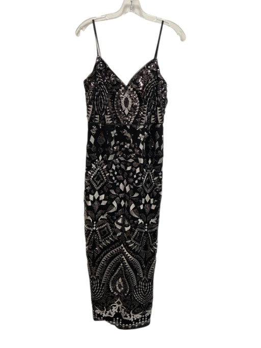 Aidan Aidan Mattox Size 6 Black & Silver Polyester Spaghetti Strap Midi Dress Black & Silver / 6