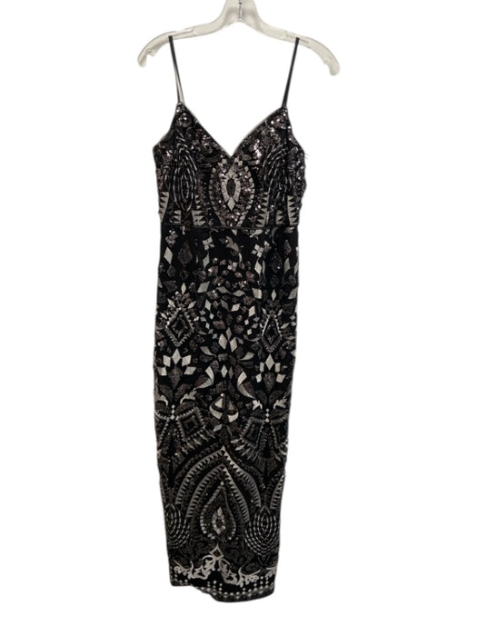 Aidan Aidan Mattox Size 6 Black & Silver Polyester Spaghetti Strap Midi Dress Black & Silver / 6