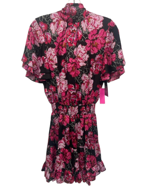 Misa Size S Black, Purple, Multi Polyester Ruffle Cap Sleeve Tie Neck Midi Dress Black, Purple, Multi / S