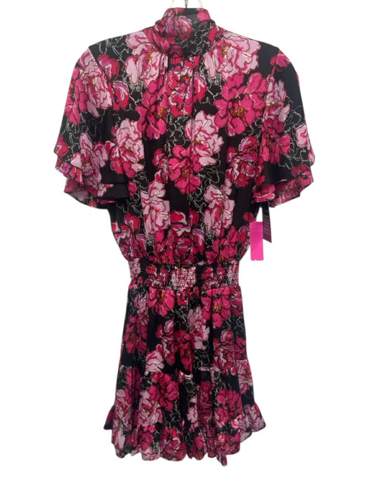 Misa Size S Black, Purple, Multi Polyester Ruffle Cap Sleeve Tie Neck Midi Dress Black, Purple, Multi / S