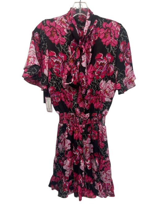 Misa Size S Black, Purple, Multi Polyester Ruffle Cap Sleeve Tie Neck Midi Dress Black, Purple, Multi / S