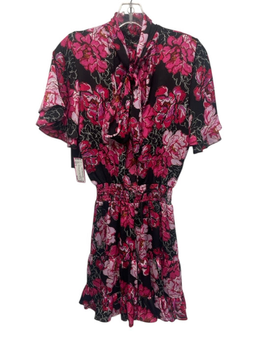 Misa Size S Black, Purple, Multi Polyester Ruffle Cap Sleeve Tie Neck Midi Dress Black, Purple, Multi / S
