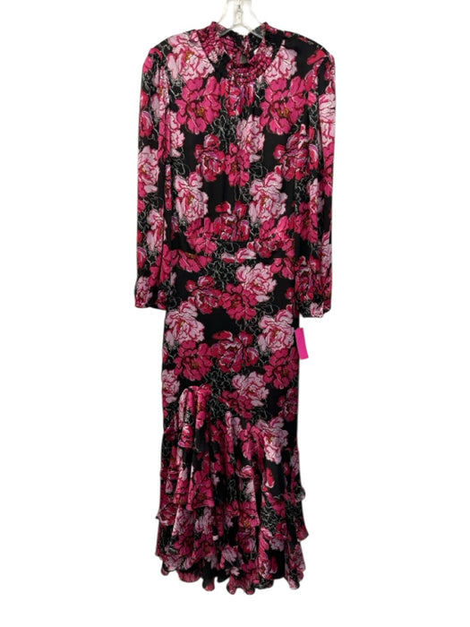 Misa Size M Black, Purple, Multi Polyester Long Sleeve Tie Neck Floral Dress Black, Purple, Multi / M