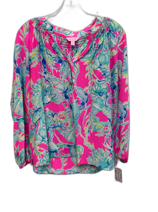 Lilly Pulitzer Size XS Fuchsia, Blue & Multi Silk Long Sleeve Gold button Top Fuchsia, Blue & Multi / XS
