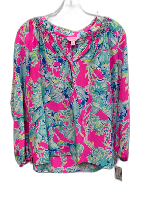 Lilly Pulitzer Size XS Fuchsia, Blue & Multi Silk Long Sleeve Gold button Top Fuchsia, Blue & Multi / XS